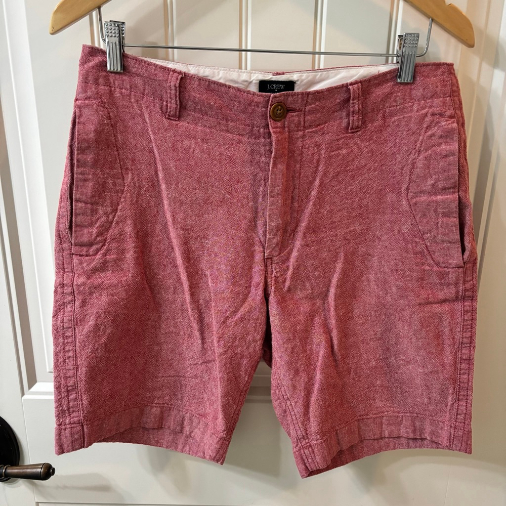 Men's J.CREW Pink/Red Linen-Cotton Flat Front Beach Shorts Waist 31